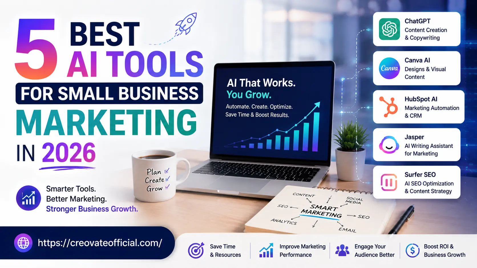 5 Best AI Tools for Small Business Marketing in 2026 — ChatGPT for content creation and copywriting, Canva AI for designs and visual content, HubSpot AI for marketing automation and CRM, Jasper as an AI writing assistant for marketing, and Surfer SEO for AI SEO optimization and content strategy.