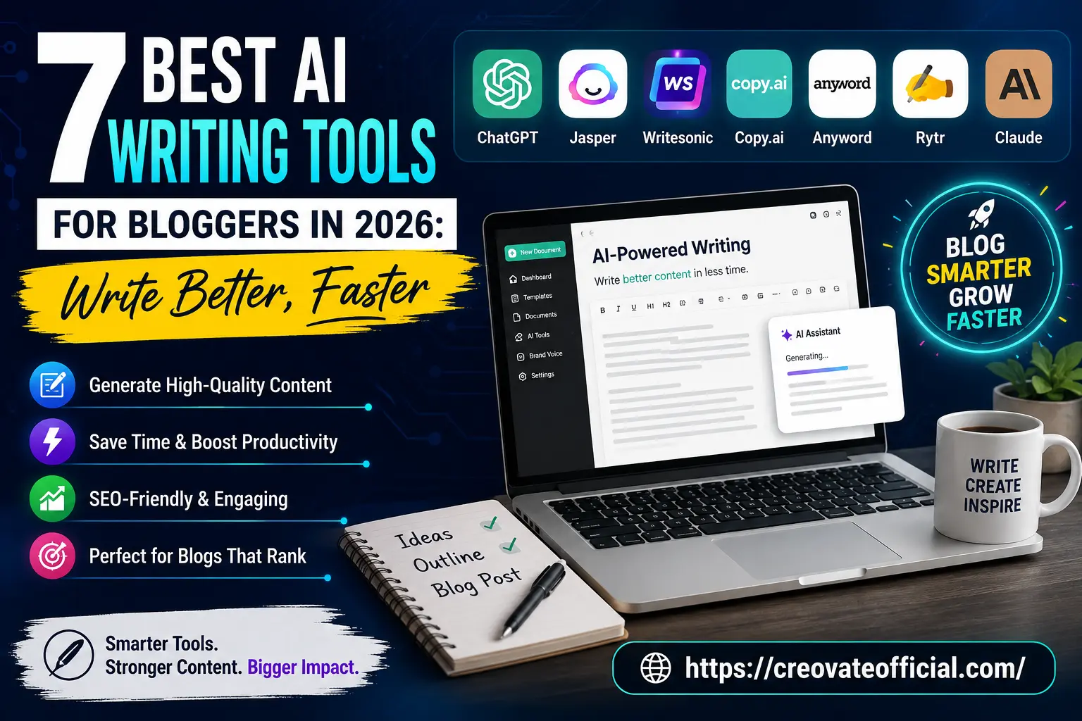 7 best AI writing tools for bloggers in 2026 — ChatGPT, Jasper, Writesonic, Copy.ai, Anyword, Rytr, and Claude compared