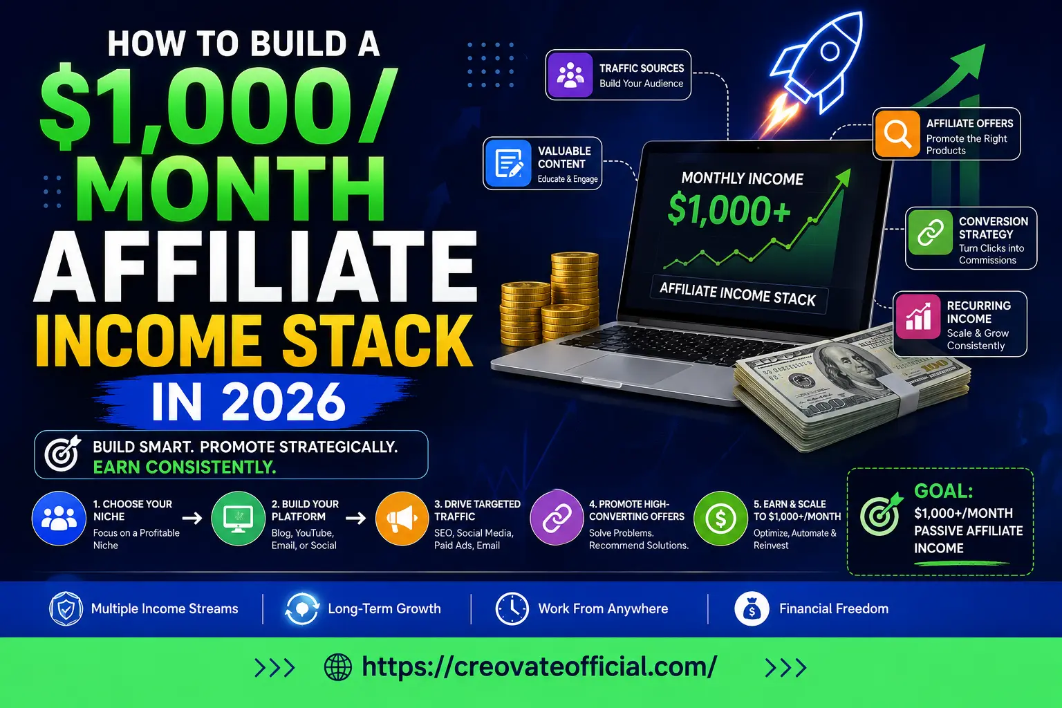 Infographic showing how to build a $1,000/month affiliate income stack in 2026: choose your niche, build your platform, drive targeted traffic, promote high-converting offers, and earn and scale to $1,000+/month.