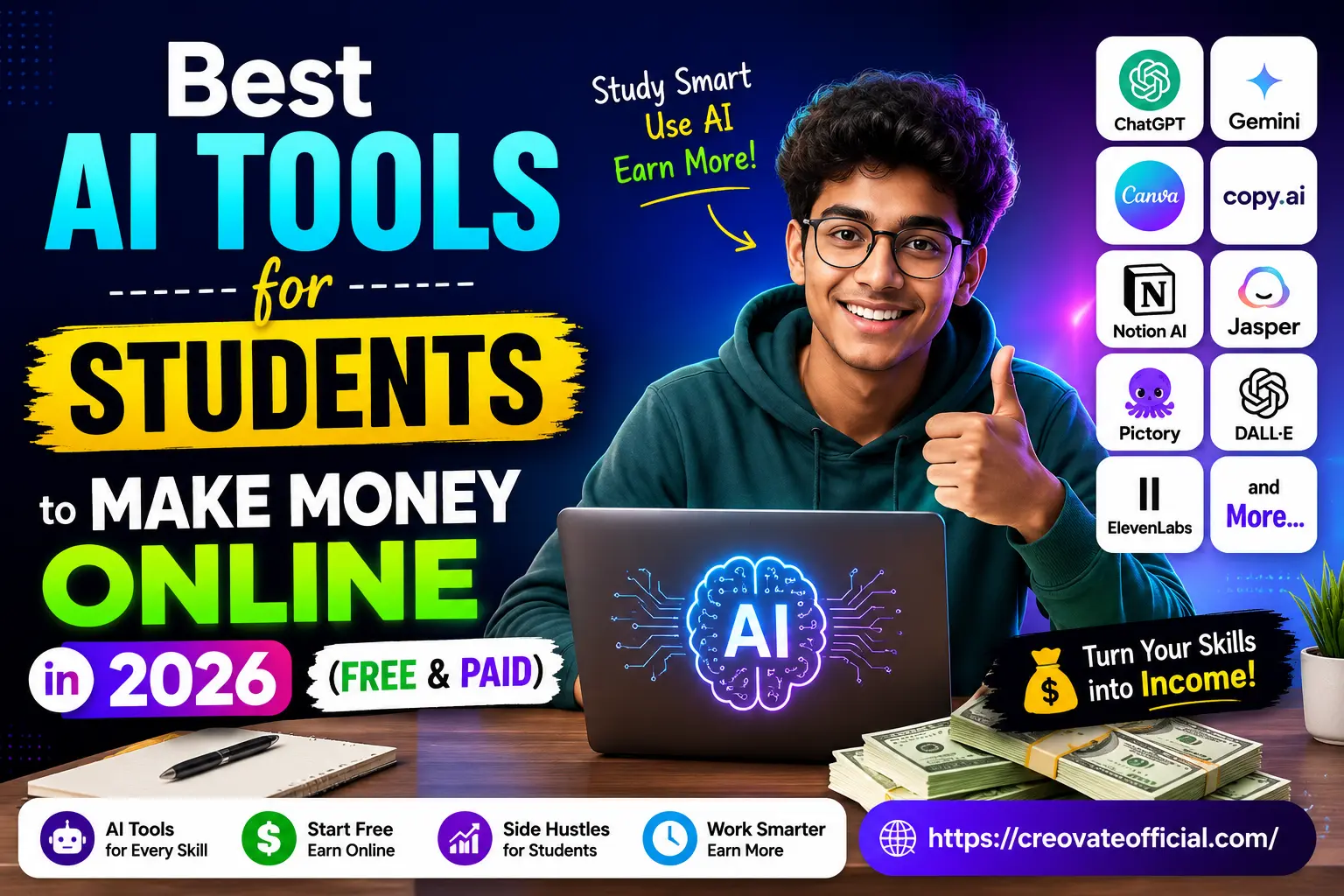 Best AI tools for students to make money online in 2026 — student using ChatGPT, Canva, Gemini, Notion AI, Jasper, Pictory, DALL-E and ElevenLabs to build free and paid side hustles