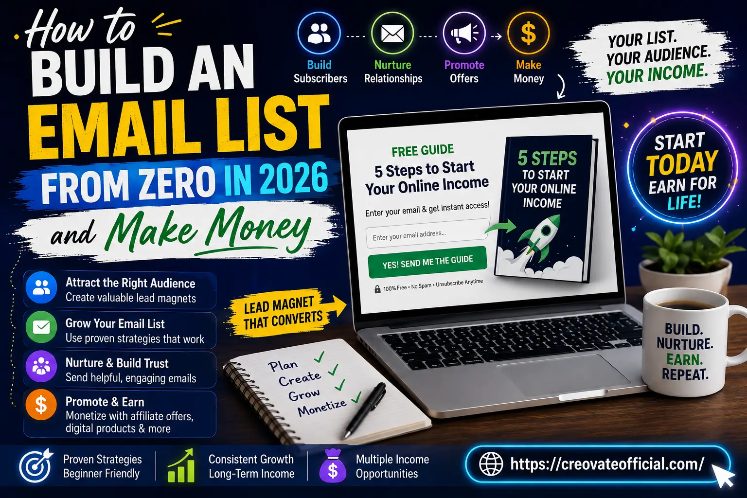 Infographic showing the four steps to build an email list from zero in 2026: build subscribers, nurture relationships, promote offers, and make money