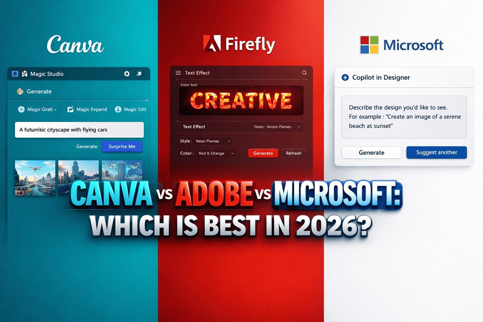 Canva vs Adobe Firefly vs Microsoft Designer — Which is Best in 2026? | creovateofficial.com