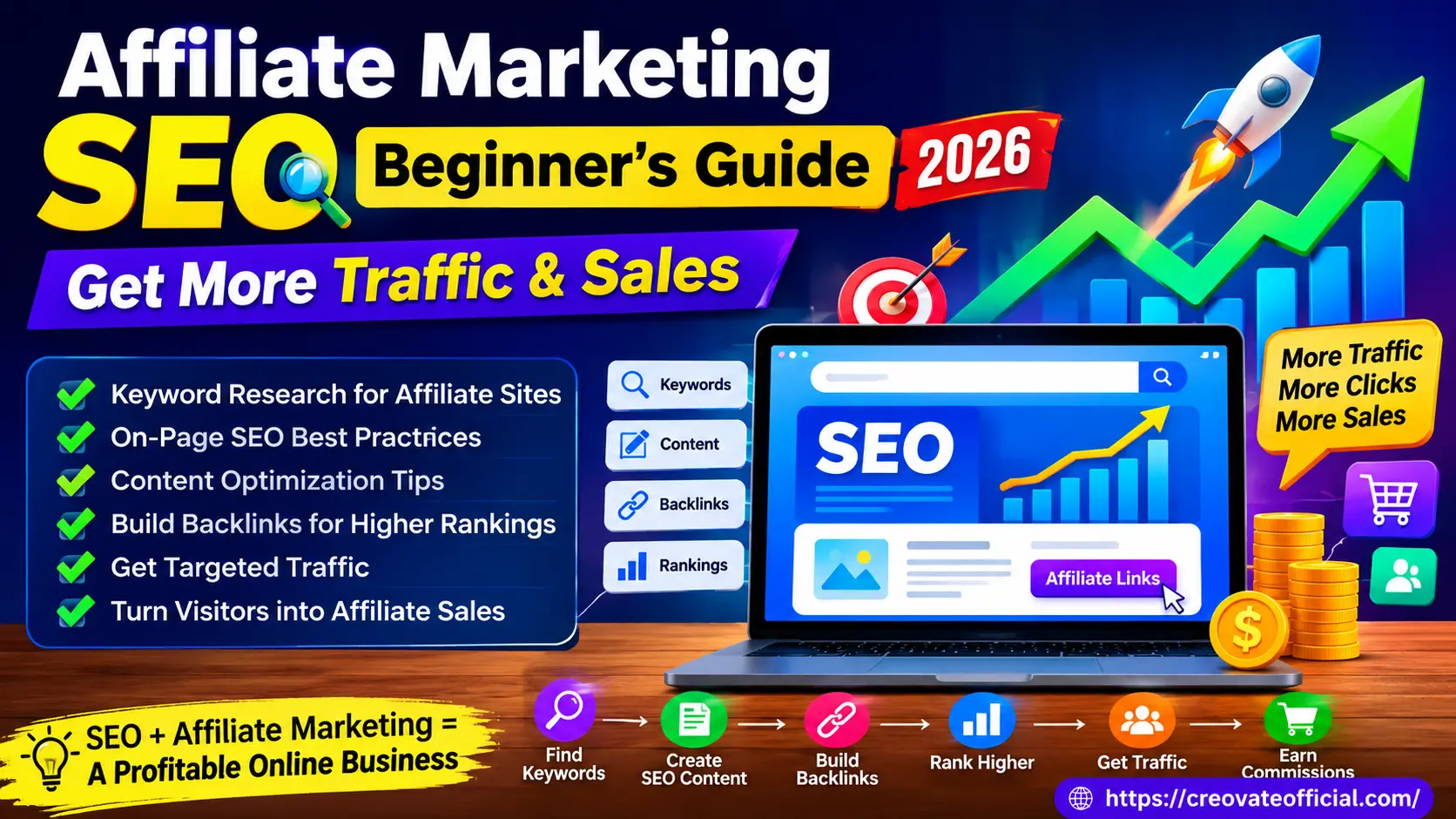 Affiliate marketing SEO beginner's guide 2026 — keyword research, content, backlinks, rankings, traffic, and affiliate sales flow
