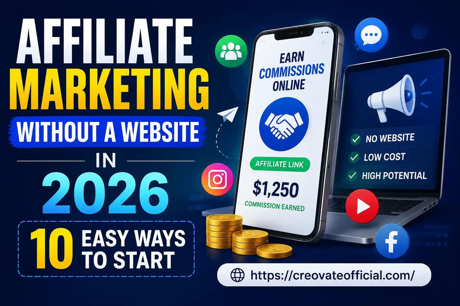 Affiliate marketing without a website 2026 — phone showing earned commissions, laptop with a megaphone, and icons for social platforms