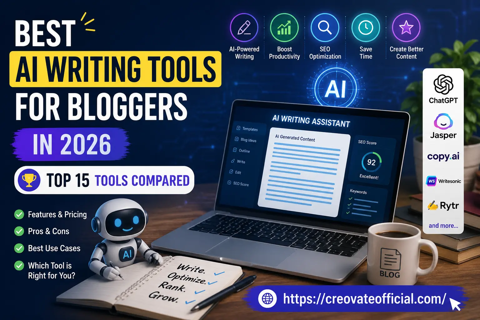 Best AI writing tools for bloggers in 2026 — top 15 tools compared, featuring an AI writing assistant dashboard with a 92 SEO score and popular tools like ChatGPT, Jasper, Copy.ai, Writesonic, and Rytr.