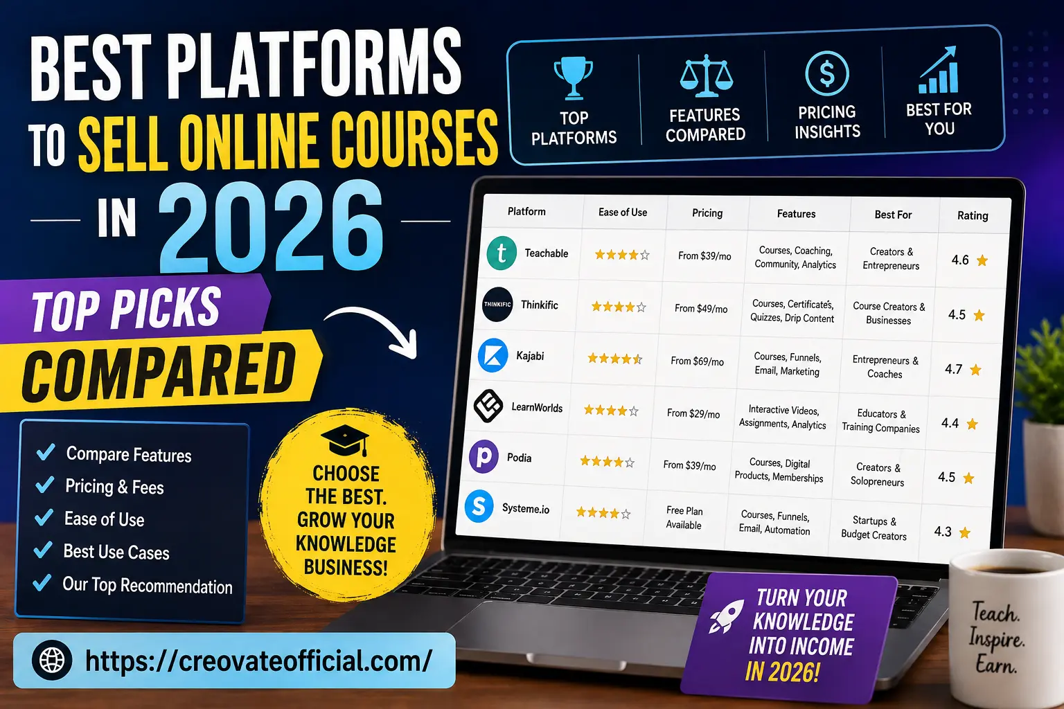 Infographic comparing the best platforms to sell online courses in 2026 — Teachable, Thinkific, Kajabi, LearnWorlds, Podia, and Systeme.io with ease of use, pricing, features, best-for, and star ratings