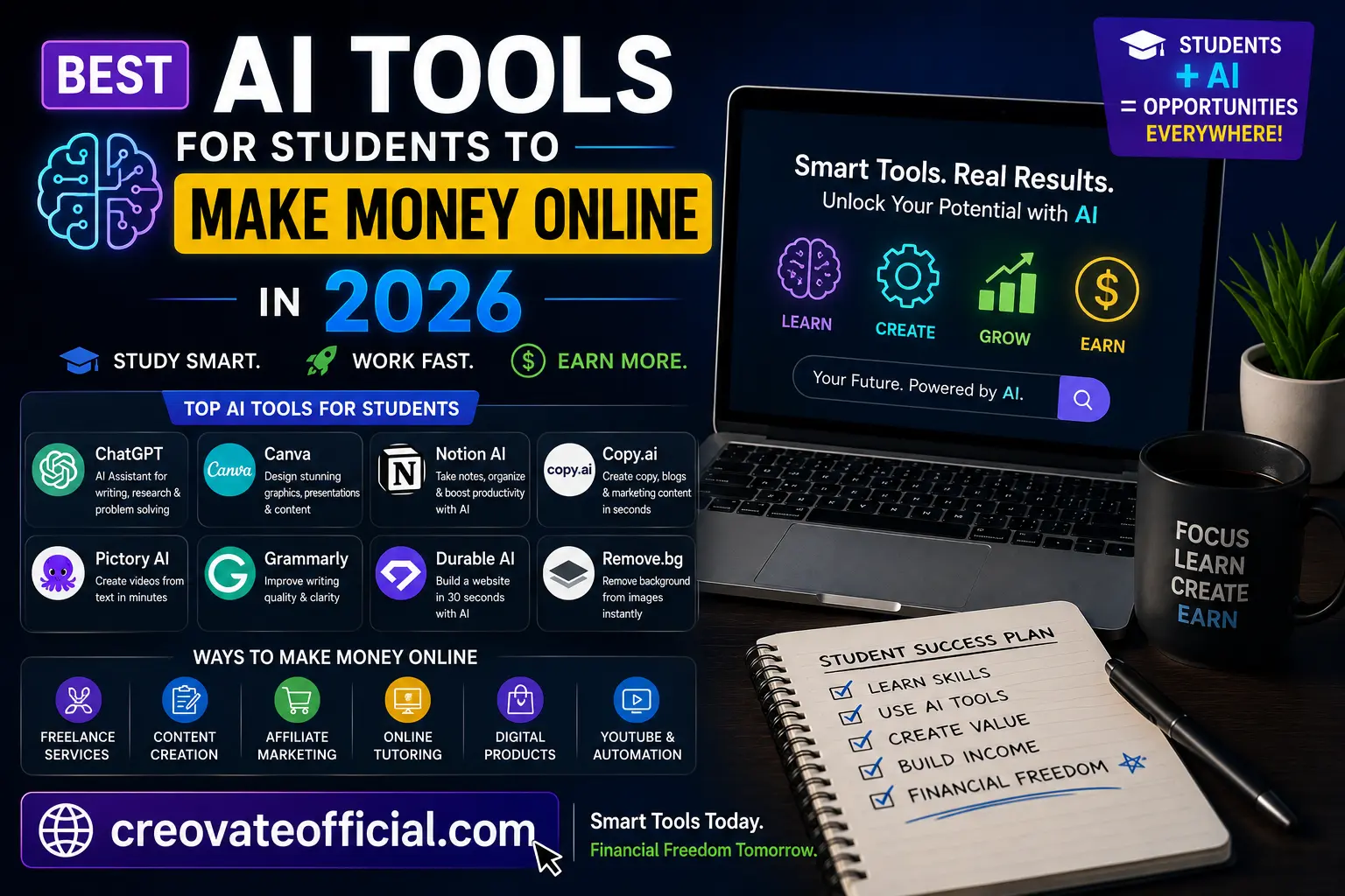 Best AI Tools for Students to Make Money Online in 2026 — Infographic by creovateofficial.com