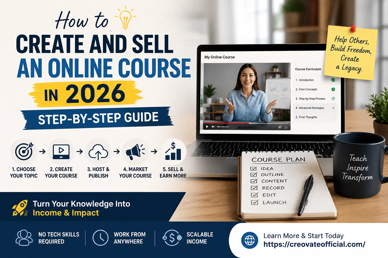 How to create and sell an online course in 2026 — step-by-step guide showing choose your topic, create your course, host and publish, market your course, and sell and earn more