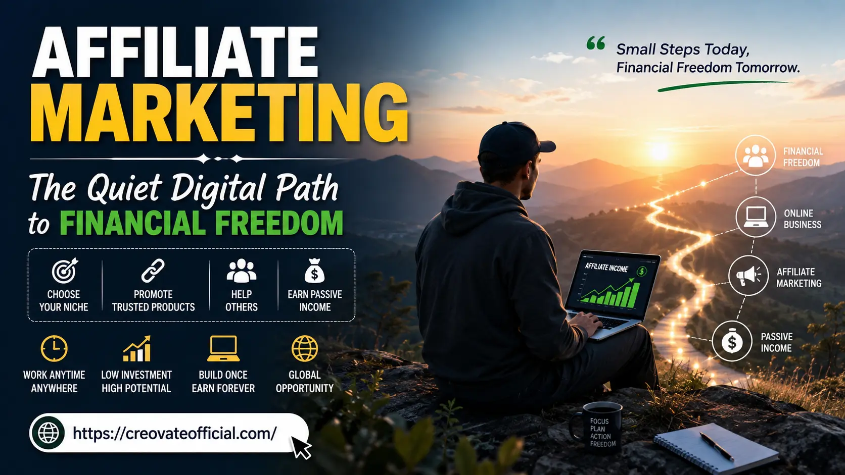 A person working on a laptop overlooking a mountain sunset, symbolizing the quiet digital path to financial freedom through affiliate marketing