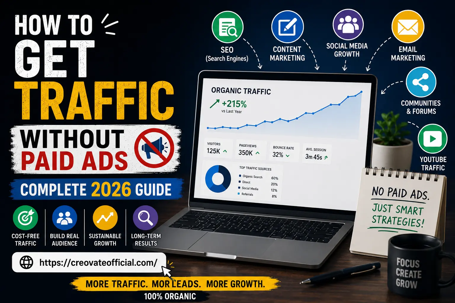 How to get traffic without paid ads - organic growth dashboard showing 215 percent increase