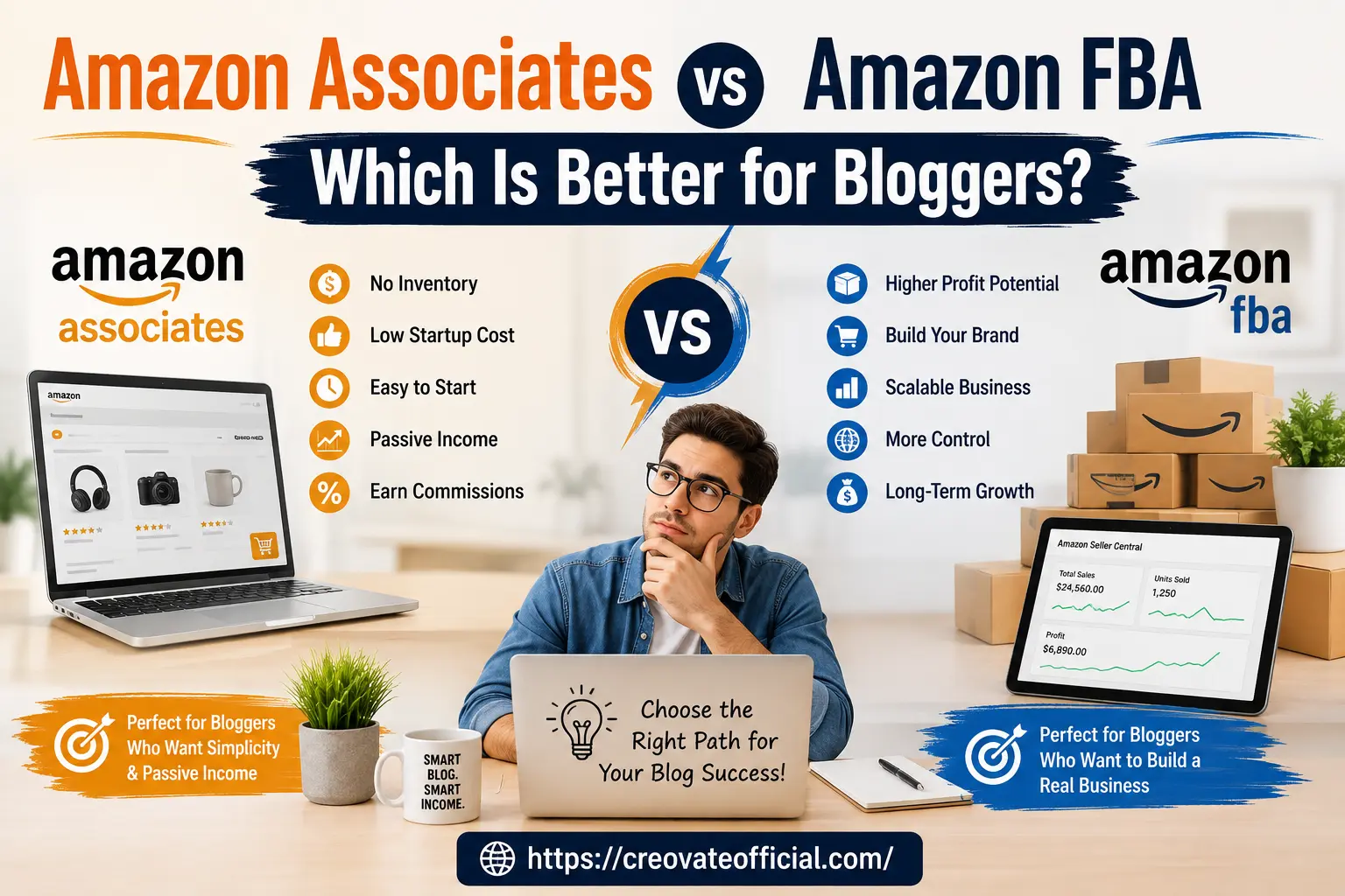 Amazon Associates vs Amazon FBA comparison graphic showing a blogger weighing low-cost passive income against building a scalable Amazon FBA business