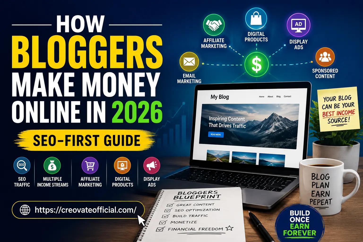 Infographic showing five blogger income streams — affiliate marketing, digital products, display ads, email marketing, and sponsored content — arranged around a laptop displaying a blog homepage