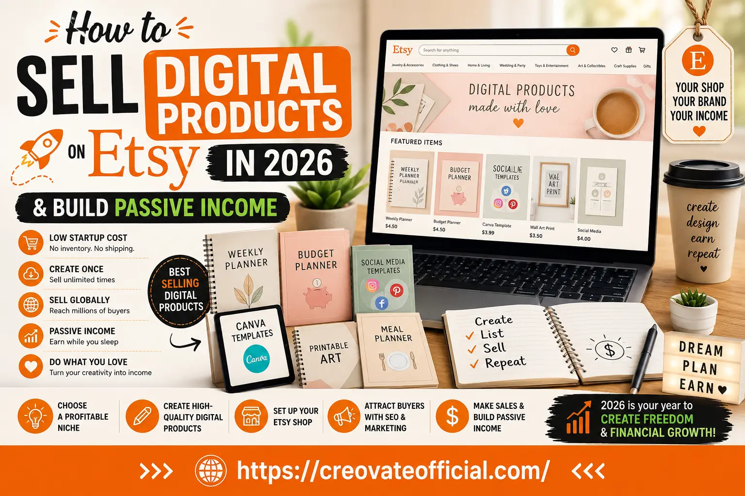 Illustration showing how to sell digital products on Etsy in 2026, including a laptop with an Etsy digital shop, printable planners, Canva templates, and social media template packs on a desk
