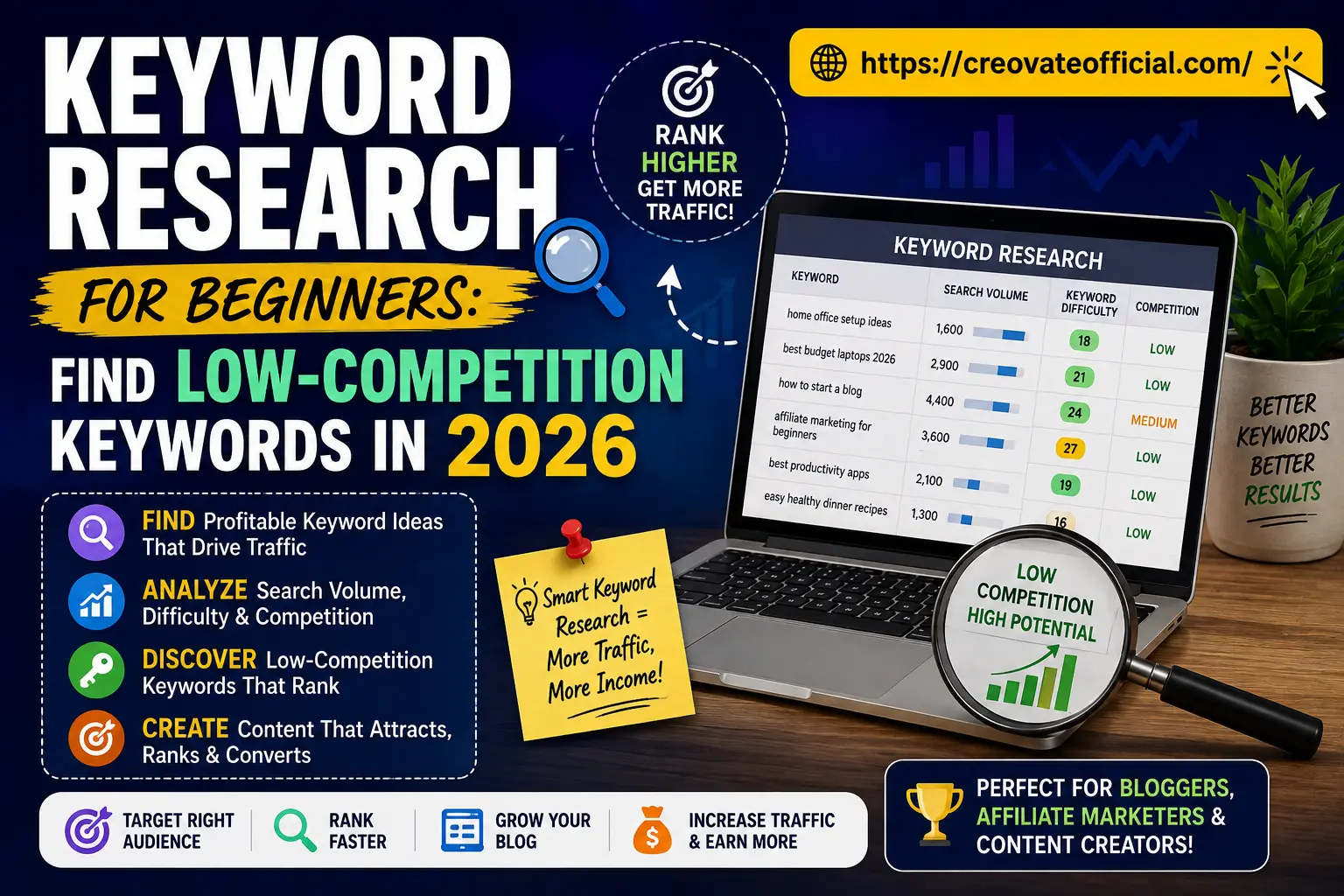 Keyword research for beginners dashboard showing search volume, keyword difficulty, and low-competition badges for finding easy keywords to rank for in 2026