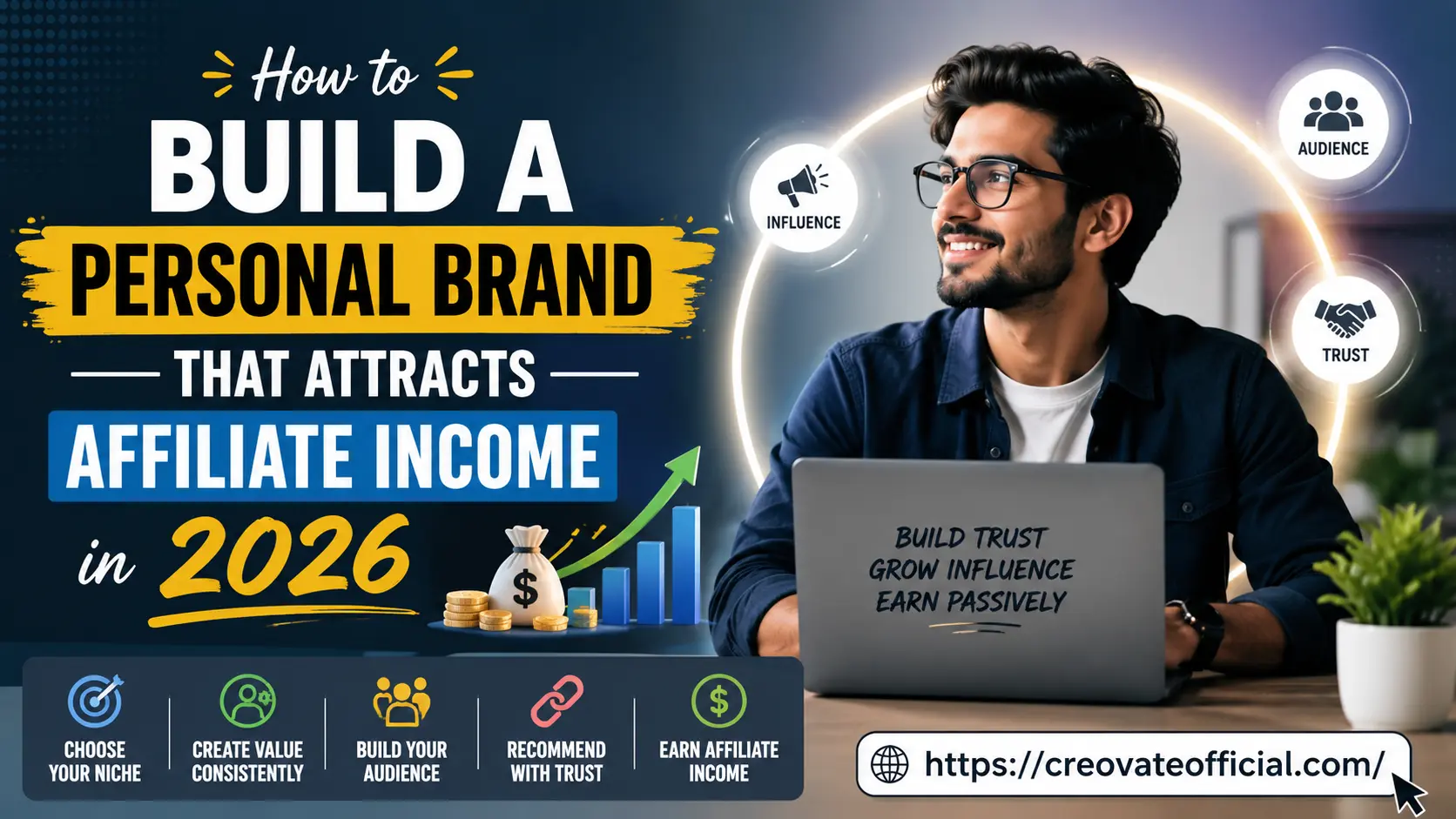Illustration of a creator building a personal brand in 2026, surrounded by icons for influence, audience, and trust, with a rising affiliate income chart