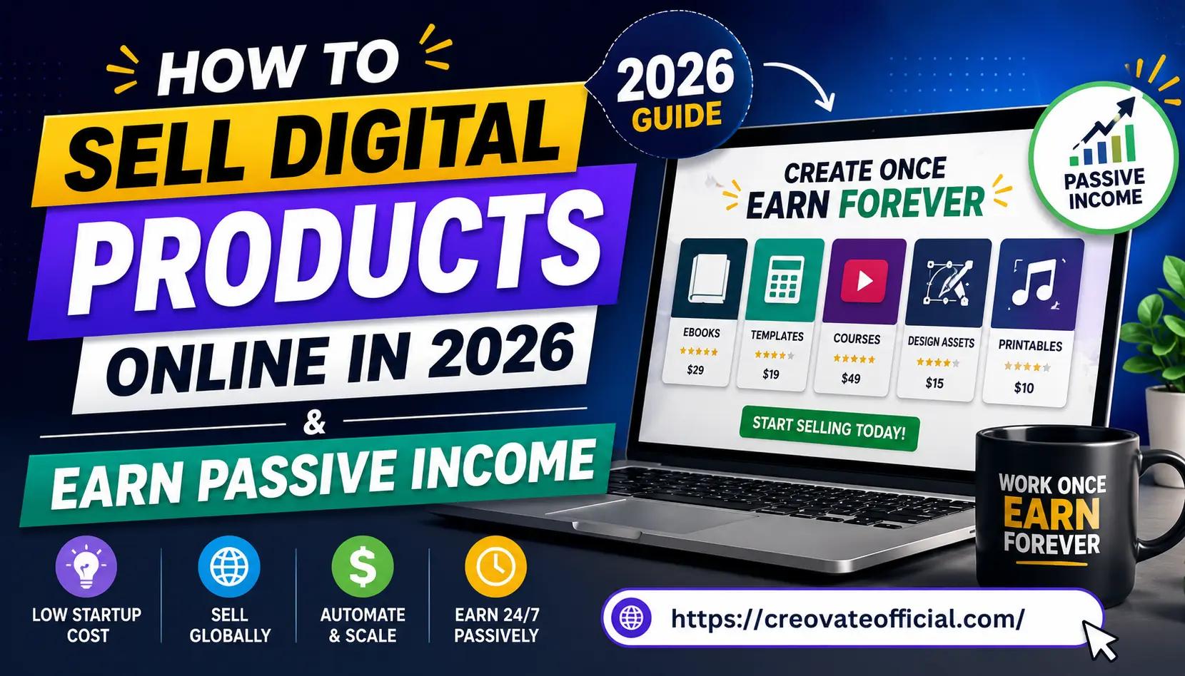 Laptop screen showing a digital product storefront with ebooks, templates, courses, design assets, and printables for sale — how to sell digital products online in 2026