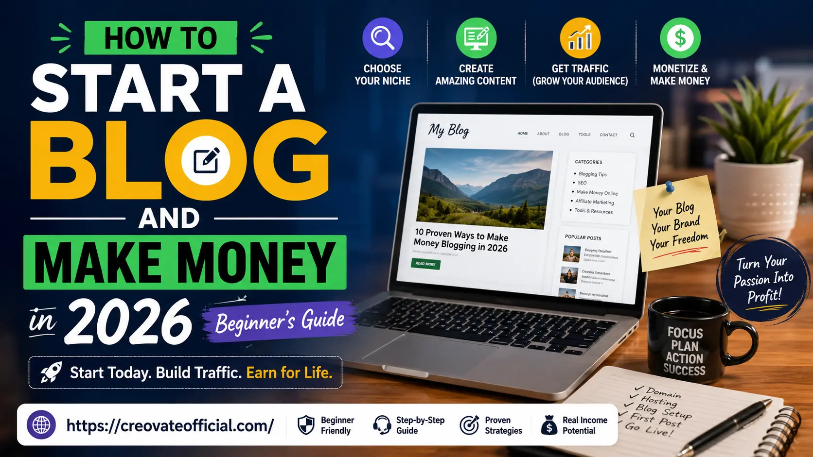 How to start a blog and make money in 2026 — beginner's guide covering niche selection, content creation, traffic, and monetization