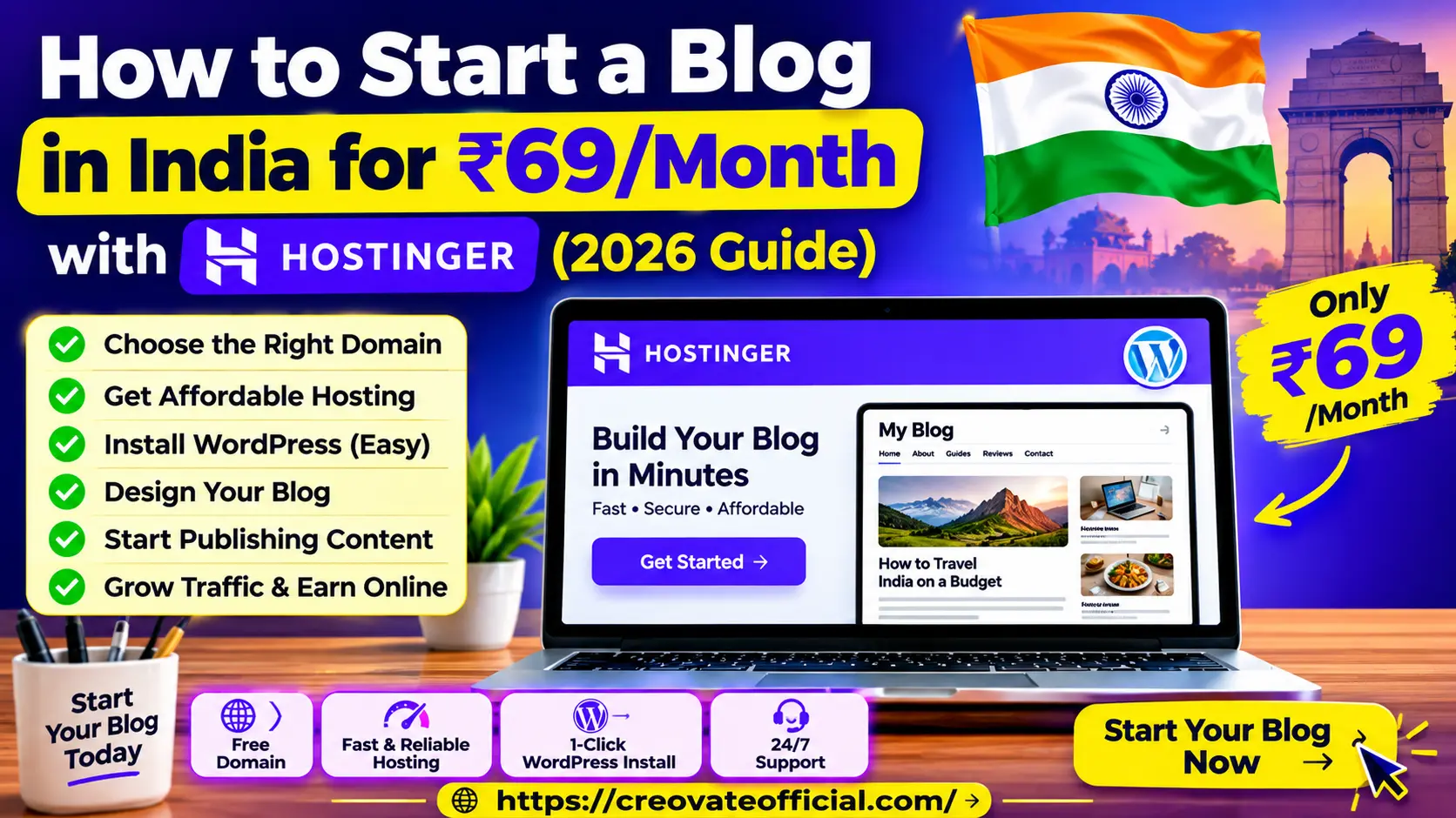 How to start a blog in India for ₹69 per month with Hostinger — six-step checklist: choose the right domain, get affordable hosting, install WordPress, design your blog, start publishing content, grow traffic and earn online