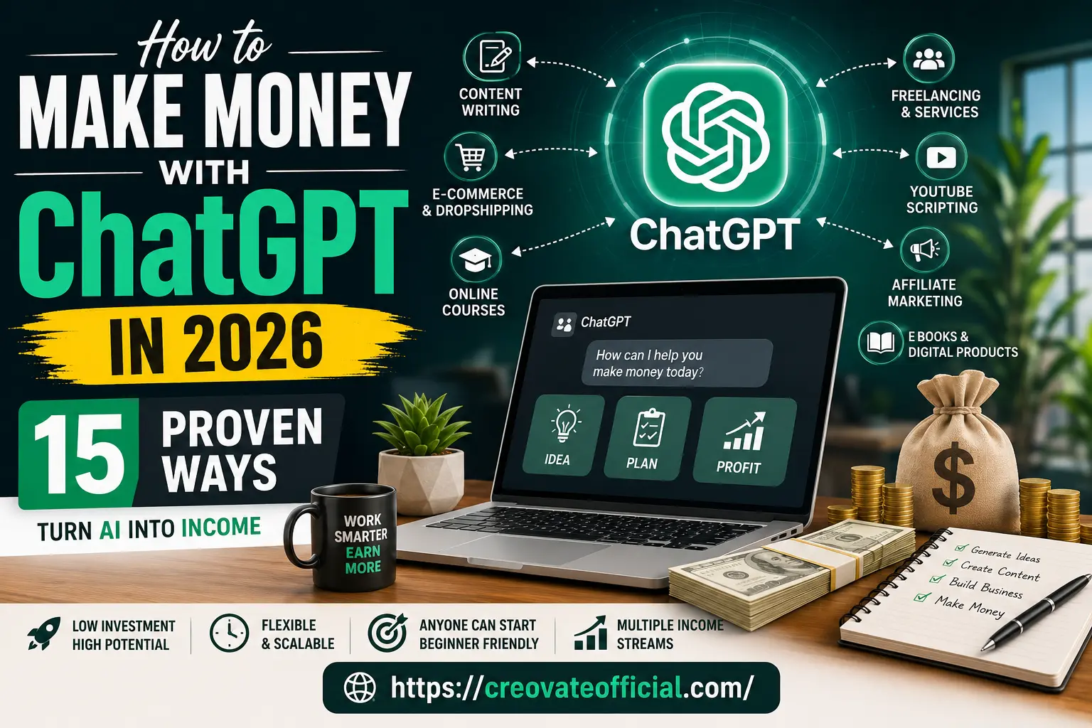 How to Make Money with ChatGPT in 2026: 15 proven ways including content writing, freelancing, YouTube scripting, affiliate marketing, e-commerce, online courses, and digital products