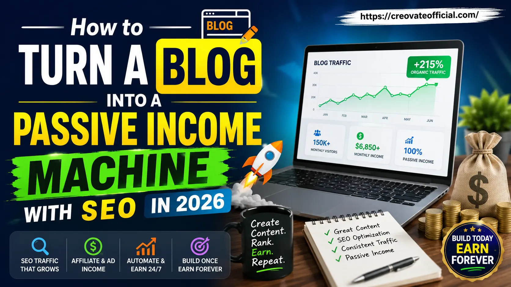 Infographic: How to turn a blog into a passive income machine with SEO in 2026 — showing rising organic traffic, monthly income, and automation icons