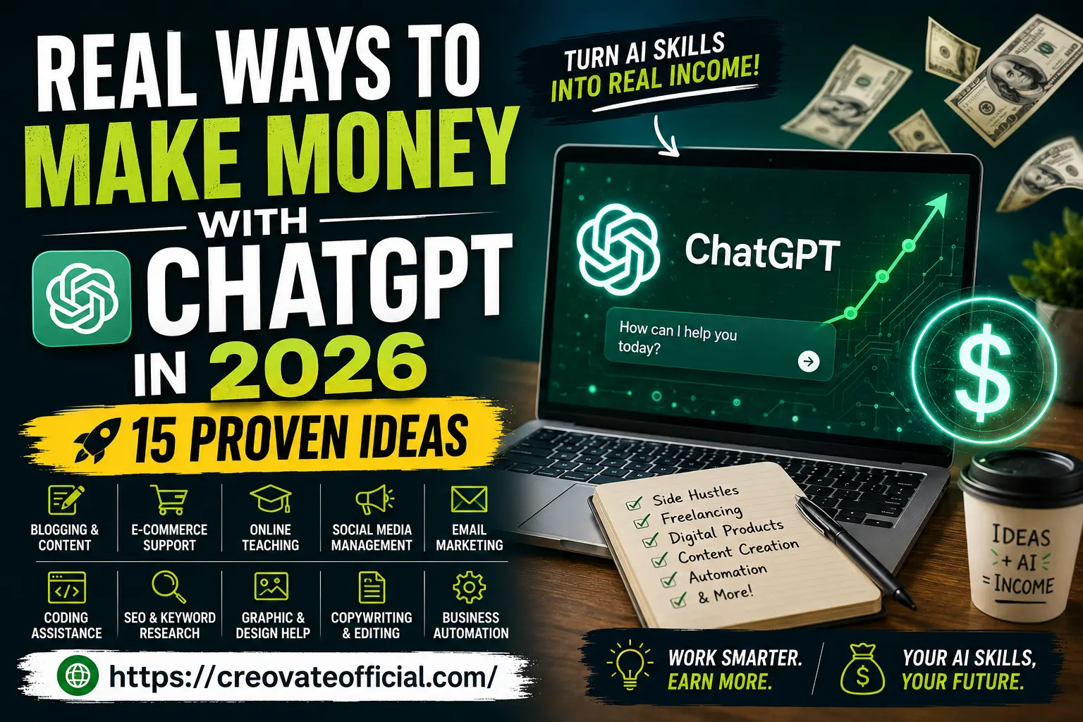 Real ways to make money with ChatGPT in 2026 — 15 practical ideas including blogging, freelancing, digital products, content creation, and business automation