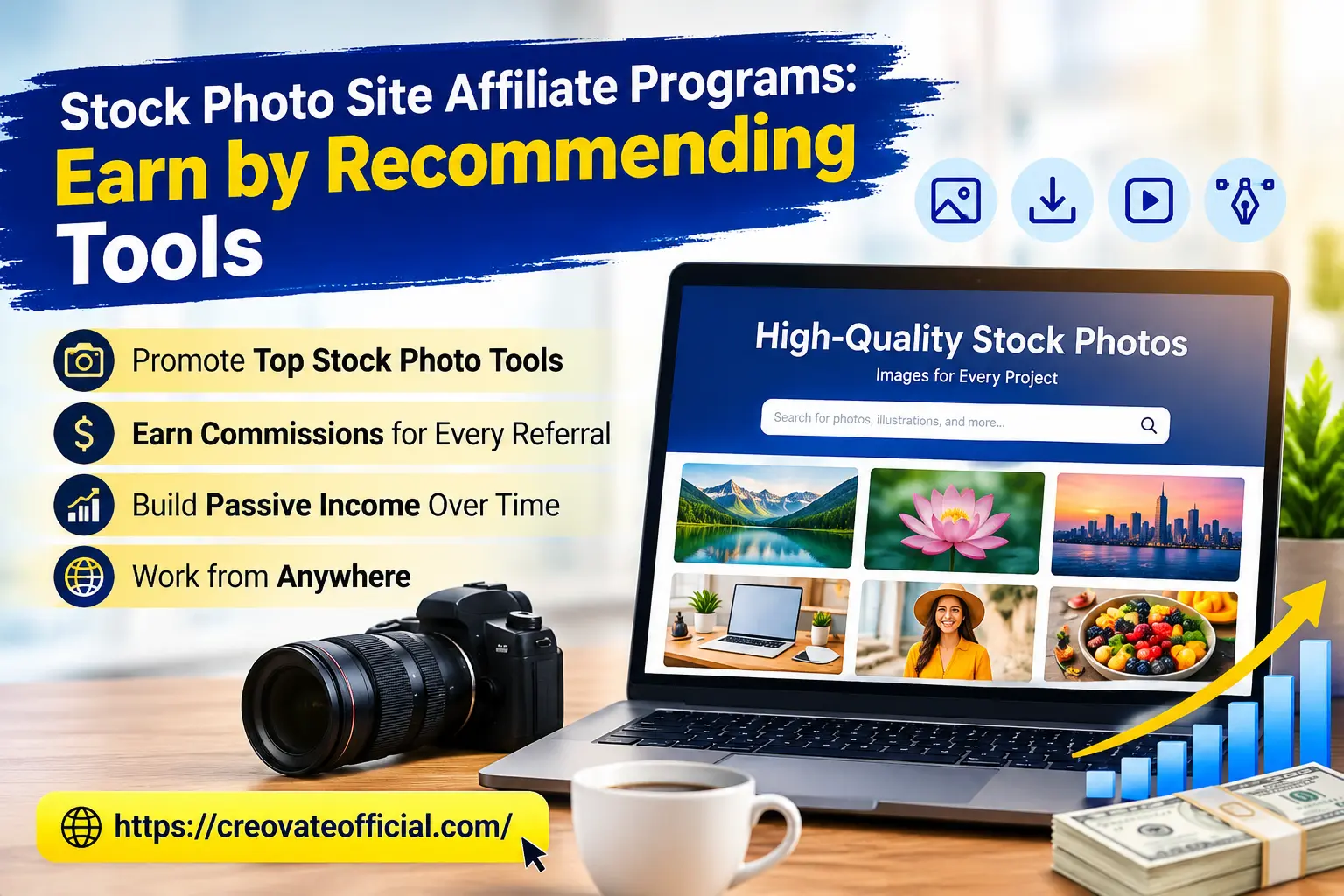 Laptop displaying a stock photo website next to a camera, coffee, and rising income chart, illustrating stock photo affiliate programs