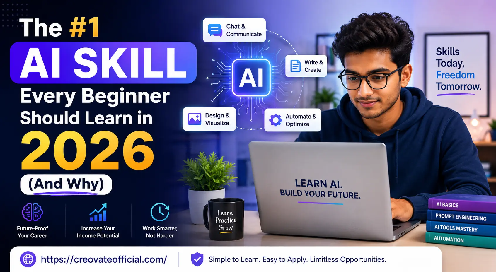Young professional learning AI skills on a laptop, surrounded by icons for chat, writing, design, and automation — the #1 AI skill every beginner should learn in 2026