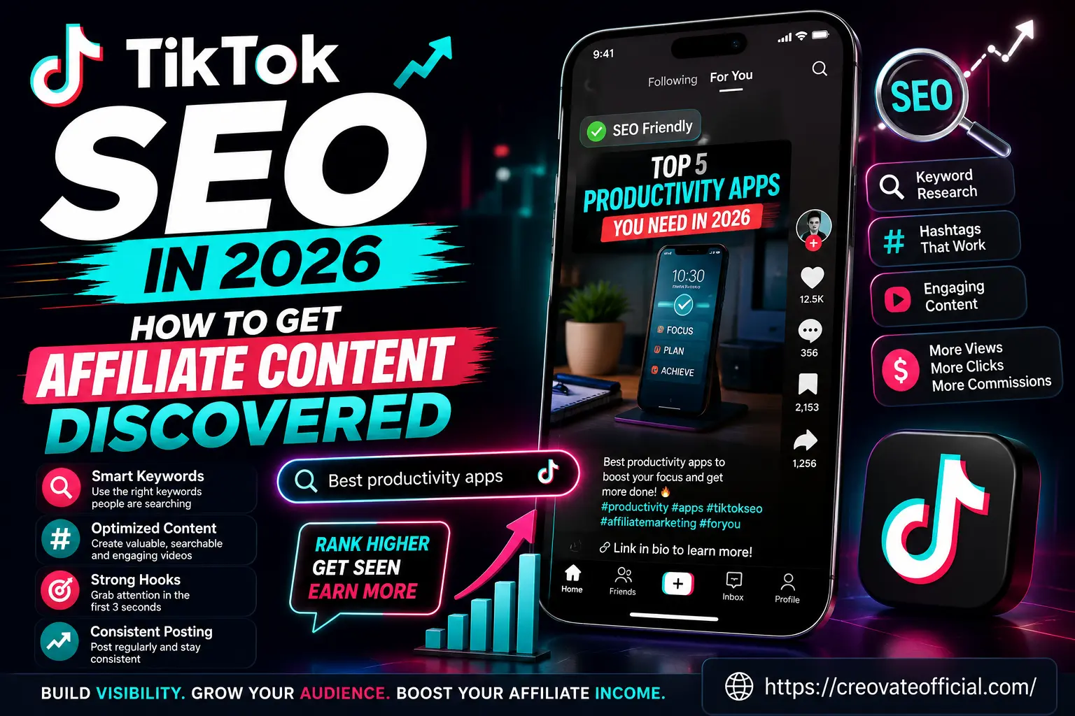 TikTok SEO in 2026 — phone mockup showing a ranked TikTok search result for 'best productivity apps' with keyword, hashtag, hook, and posting-consistency tips highlighted