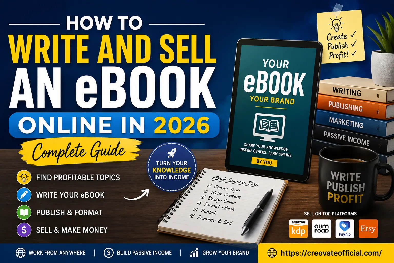 How to write and sell an eBook online in 2026 — complete guide covering finding profitable topics, writing, publishing, formatting, and selling on Amazon KDP, Gumroad, Payhip, and Etsy
